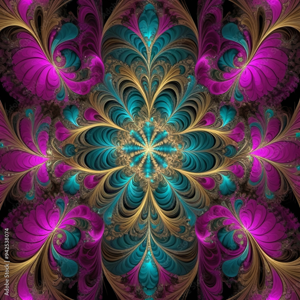 Fractal Fantasy: Intricate fractal patterns in vibrant colors like magenta, cyan, and gold, creating a mesmerizing and complex design. Fractal Fantasy: Intricate fractal patterns in vibrant colors like magenta, cyan, and gold, creating a mesmerizing and complex design.