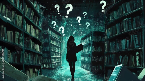 A Silhouette Walking Through a Dark Library Hallway with Question Marks Floating Above photo