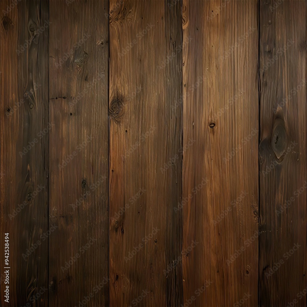 Fototapeta premium Close-up view of dark-stained wood planks with rich grain patterns and knots, exuding natural rustic charm.