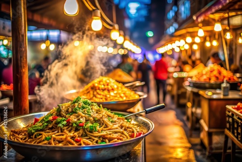 Vibrant nighttime street food stall scene with sizzling Kee Mao noodles highlighted in warm golden lighting and shallow depth of field photo