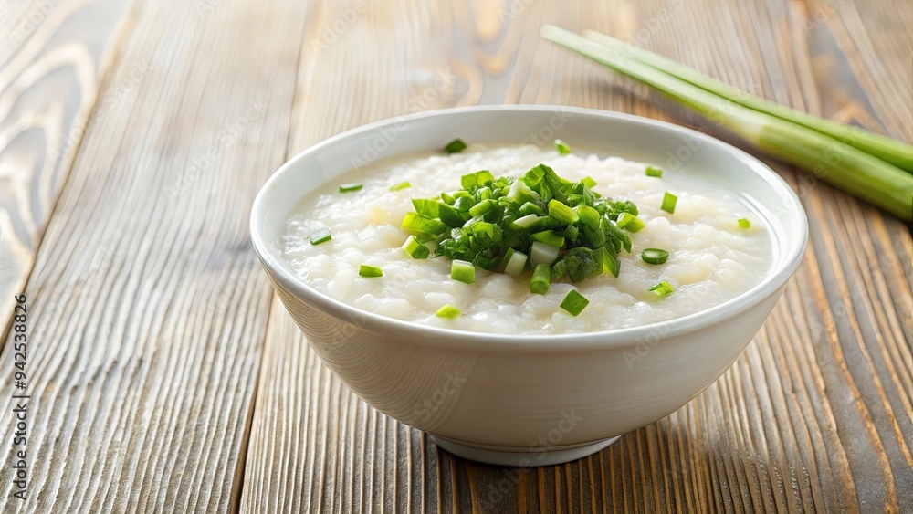 Savory Japanese rice porridge topped with scallions in a white bowl Savory Japanese rice porridge topped with scallions in a white bowl