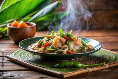 Soft natural light illuminating a steaming plate of Pad Phak Boong photo