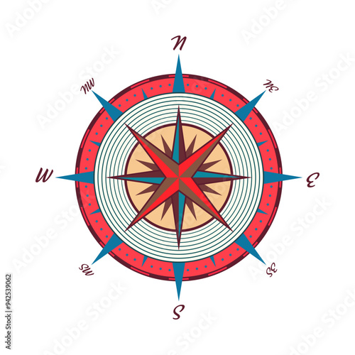 Vintage marine wind rose, nautical chart. Colorful navigational compass with cardinal directions of North, East, South, West. Geographical position, cartography and navigation. Vector illustration