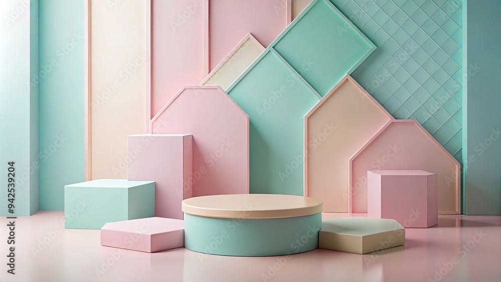Trendy pastel podium wall with geometric shapes for product display stand Trendy pastel podium wall with geometric shapes for product display stand