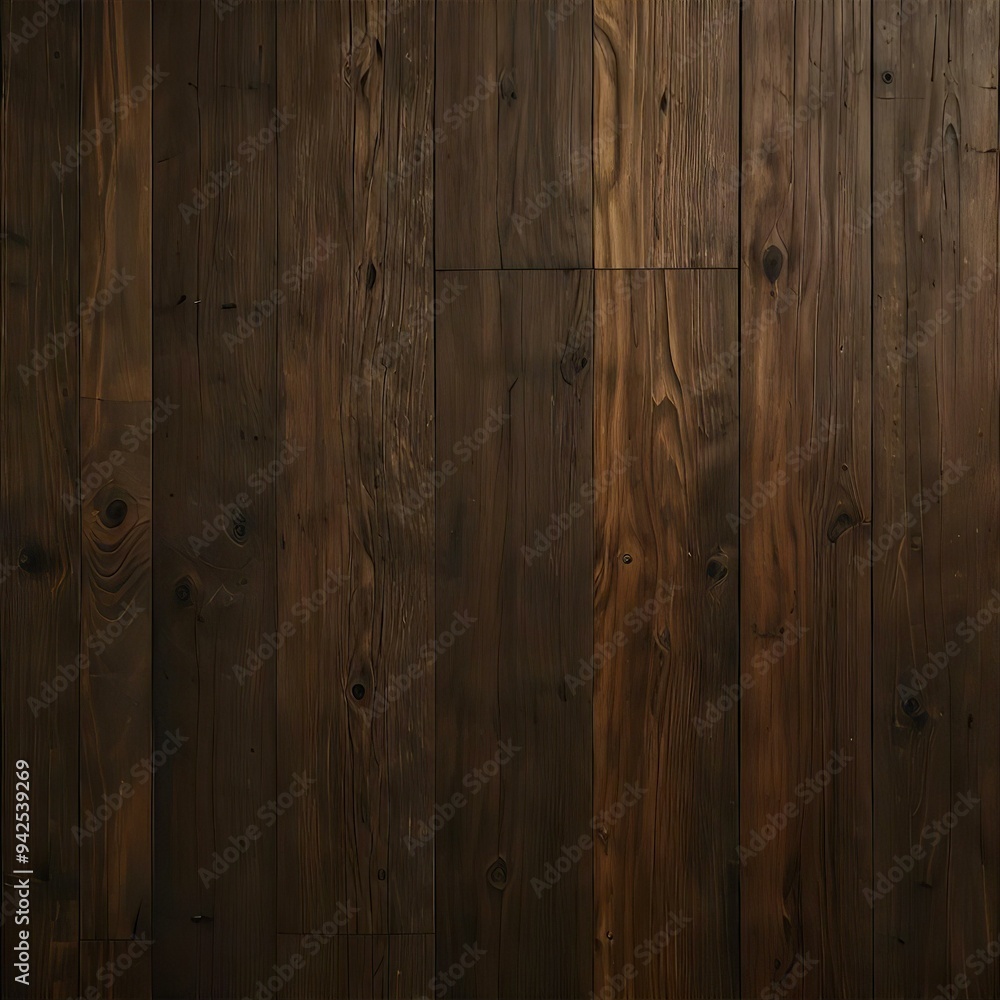 Close-up view of dark-stained wood planks with rich grain patterns and knots, exuding natural rustic charm. Close-up view of dark-stained wood planks with rich grain patterns and knots, exuding natural rustic charm.