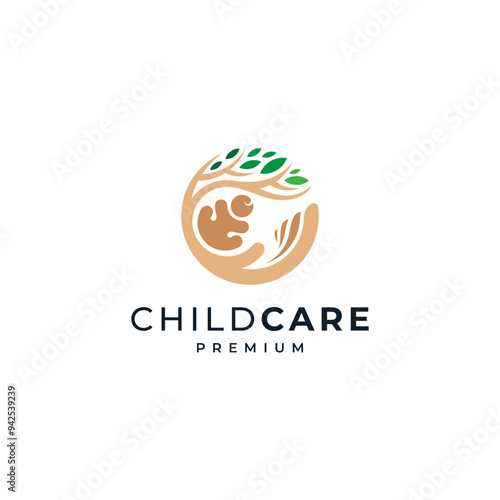 baby hugging hands and tree for child care, orphanage and adoption logo