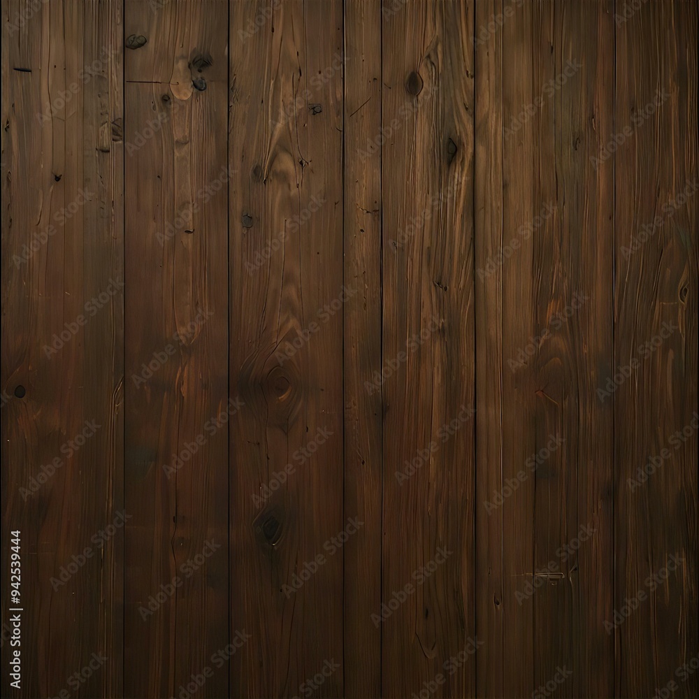 Fototapeta premium Close-up view of dark-stained wood planks with rich grain patterns and knots, exuding natural rustic charm.