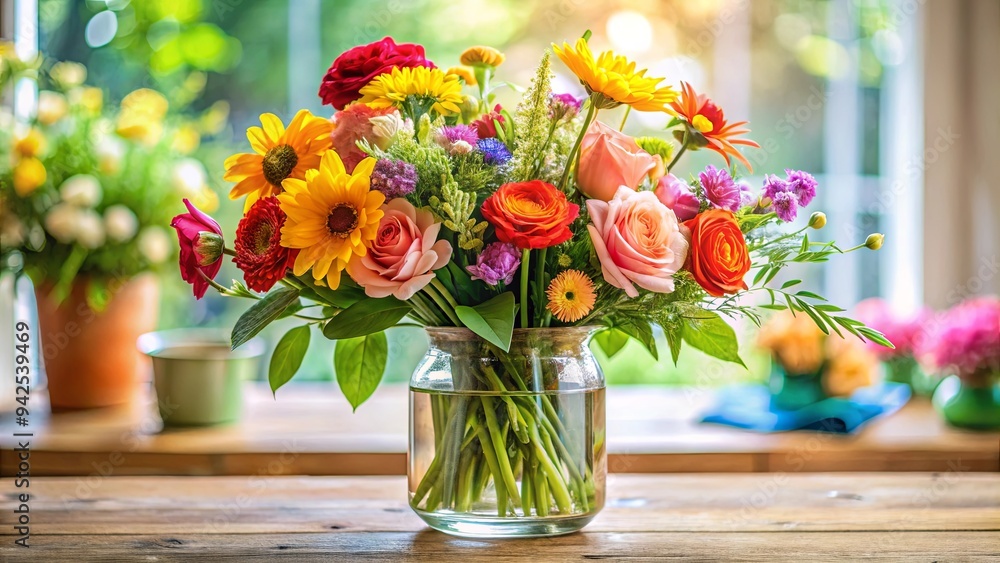 Beautiful flower arrangement with vibrant colors in a glass vase, perfect for indoor home decor centerpiece Beautiful flower arrangement with vibrant colors in a glass vase, perfect for indoor home decor centerpiece