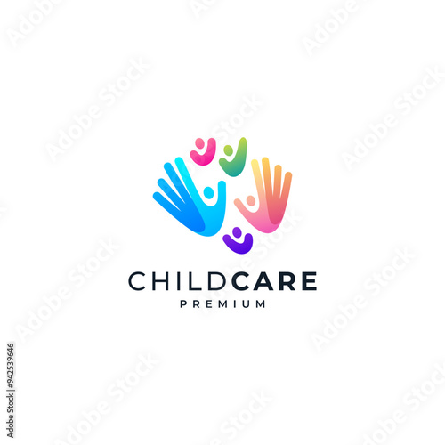 colorful and cheerful hands and children for child care, education, social and orphanage logo