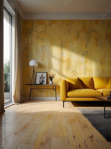 Worn effect wall in pastel yellow and deep yellow in a modern living room with light wooden floor and large window