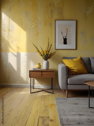 Worn effect wall in pastel yellow and deep yellow in a modern living room with light wooden floor and large window