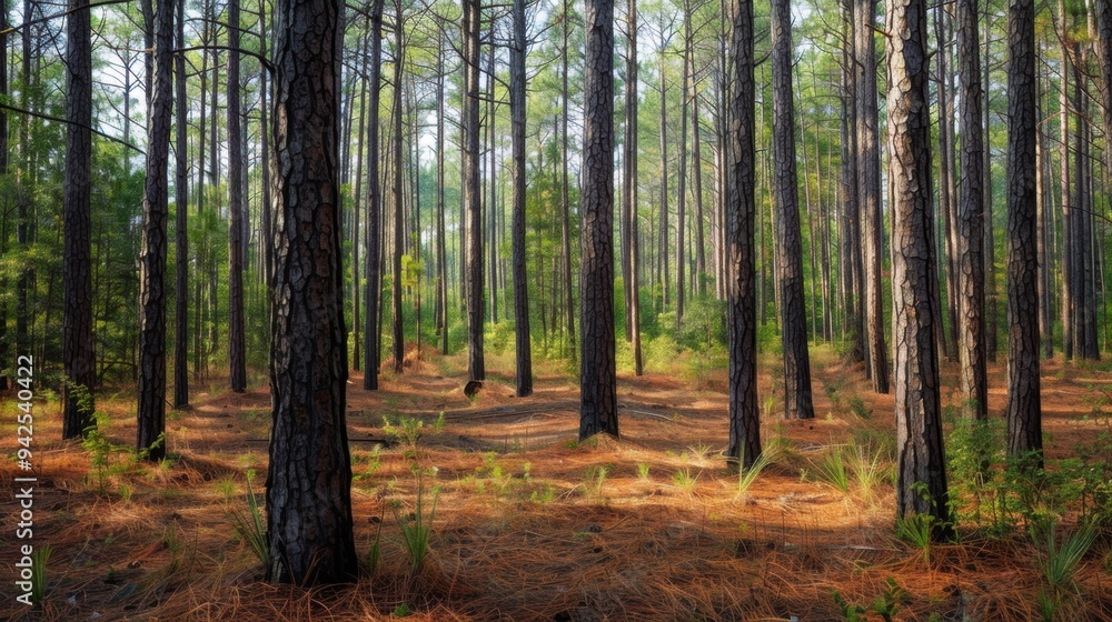 Pine forest in the morning. Beautiful landscape with trees and sunlight Pine forest in the morning. Beautiful landscape with trees and sunlight