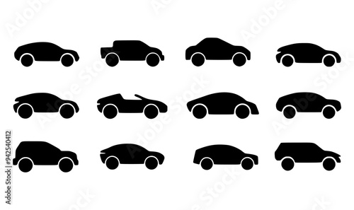 Silhouette cars on a white background. cars silhouettes with different poses isolated.