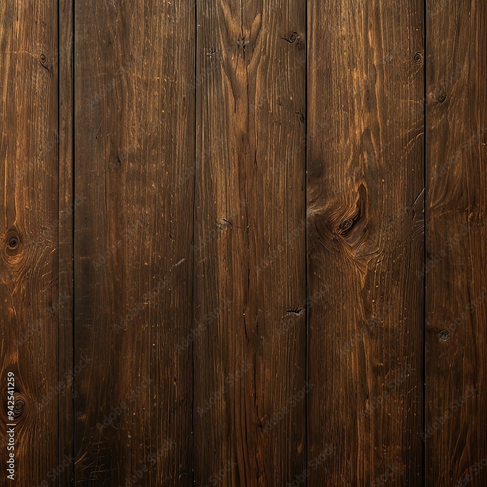 Naklejka premium Close-up view of dark-stained wood planks with rich grain patterns and knots, exuding natural rustic charm.