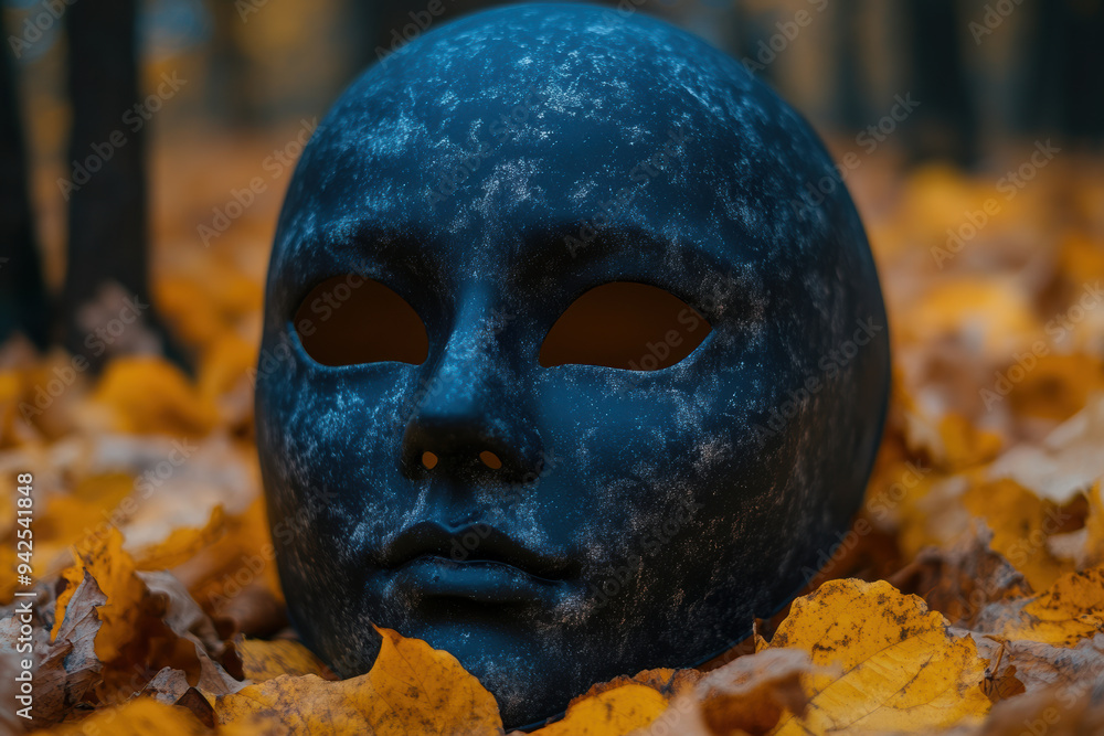 A dark, mysterious mask resting among autumn leaves, creating an intriguing contrast between nature and art. A dark, mysterious mask resting among autumn leaves, creating an intriguing contrast between nature and art.