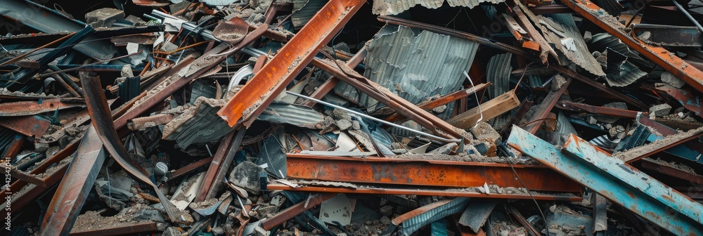 Close-up of a disordered collection of scrap metal, broken wooden boards, and plastic waste at a demolition location, representing waste management, recycling, and a junkyard.