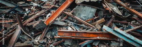 Obraz na płótnie Close-up of a disordered collection of scrap metal, broken wooden boards, and plastic waste at a demolition location, representing waste management, recycling, and a junkyard. w salonie