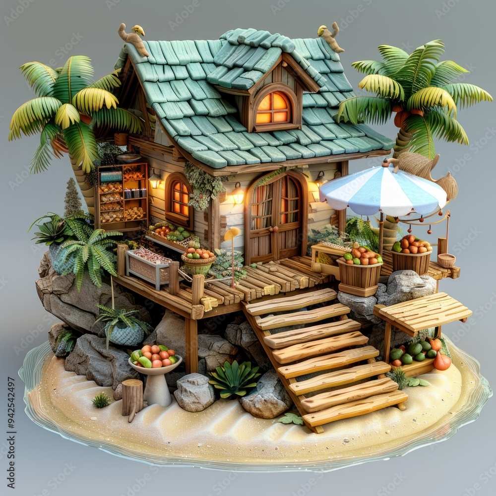 3D cartoon style, casual game art, very simple low detail, a beach hut on the sand with a green roof 3D cartoon style, casual game art, very simple low detail, a beach hut on the sand with a green roof