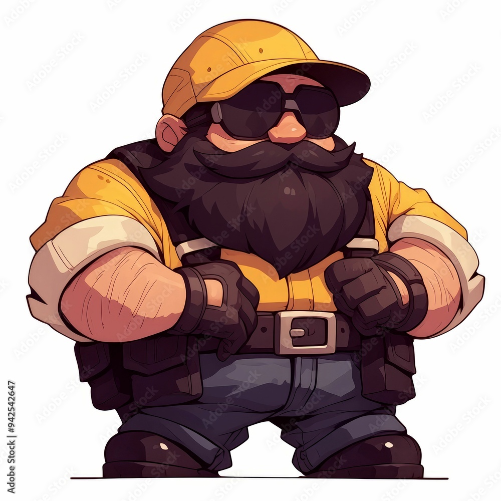 Cartoon Illustration of a Bearded Man with Sunglasses and a Yellow Hat ...