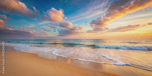 Tranquil beach scene with pastel sky, gentle waves, and soft light reflecting off the sand, serene, beach, scene, pastel, sky