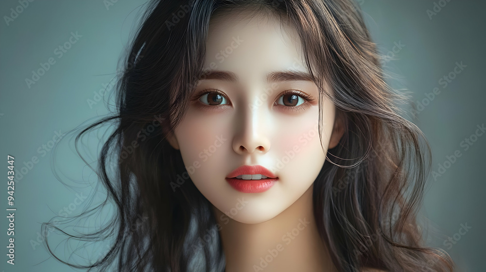 Close-up portrait of a young woman with long black hair and brown eyes. Close-up portrait of a young woman with long black hair and brown eyes.