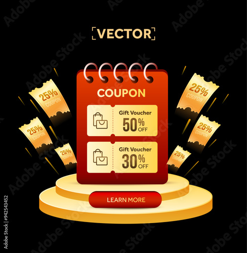 3d golden coupons with coupon code, percentage off on a calendar, surrounding coupons flying up on a stage, isolated on dark background. Gift voucher giveaway banner template for big sale off event