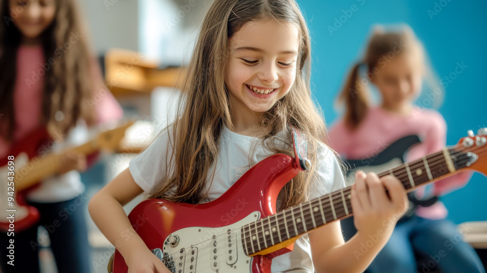 Fototapeta premium Smiling playing guitar, learning musical instrument together generated by AI