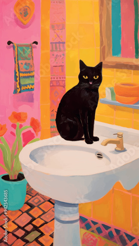 Colorful bathroom with black cat