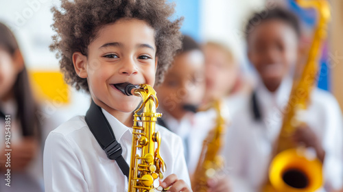 Wallpaper Mural Young kid with saxophone. Playing in a bad for his school. Torontodigital.ca
