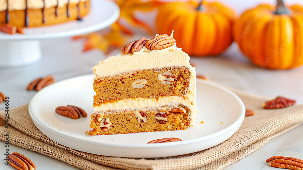 Pumpkin cake slice with pecans on a plate surrounded by pumpkins and autumn decor Pumpkin cake slice with pecans on a plate surrounded by pumpkins and autumn decor