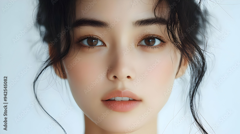 Close-up portrait of a young woman with long black hair, looking directly at the camera. Close-up portrait of a young woman with long black hair, looking directly at the camera.