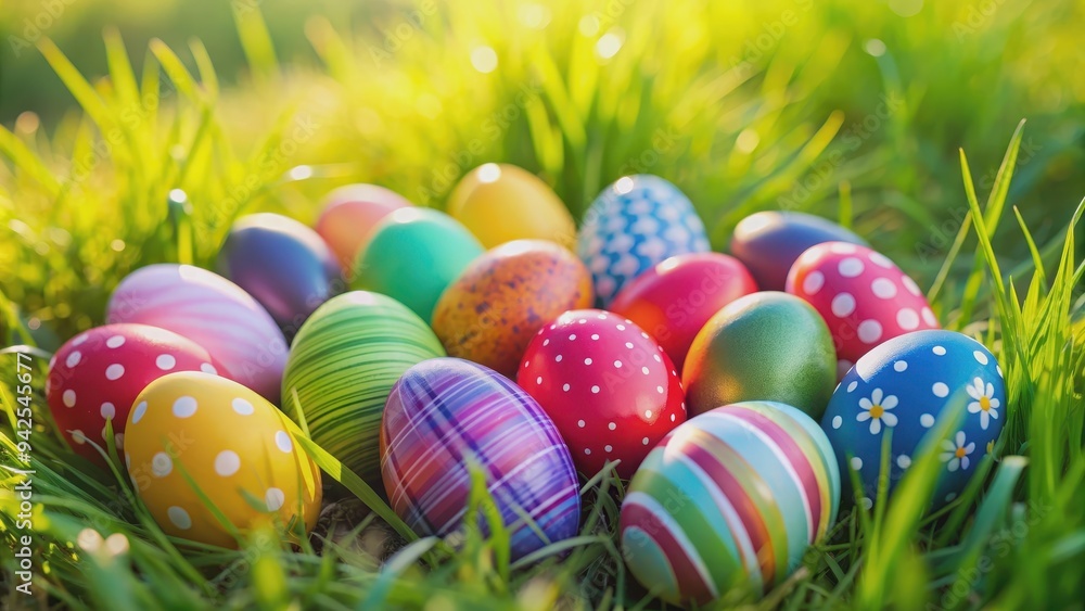 Colorful Easter eggs nestled in green grass with space for text, Easter, eggs, grass, colorful, spring, holiday Colorful Easter eggs nestled in green grass with space for text, Easter, eggs, grass, colorful, spring, holiday