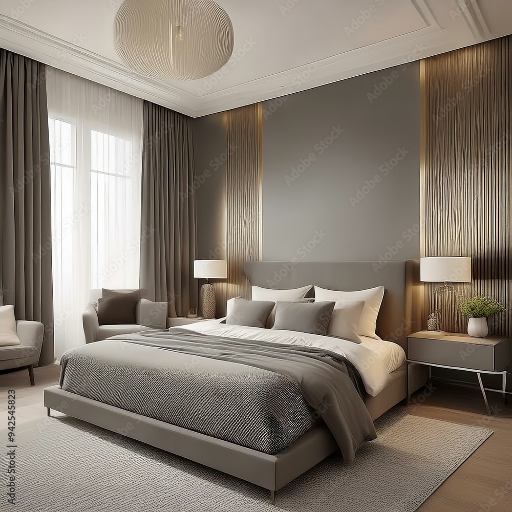 The image shows a modern bedroom with a large bed, pendant lights, and neutral tones, creating a serene atmosphere. The sleek furniture and warm lighting add to the minimalist and tranquil design. The image shows a modern bedroom with a large bed, pendant lights, and neutral tones, creating a serene atmosphere. The sleek furniture and warm lighting add to the minimalist and tranquil design.