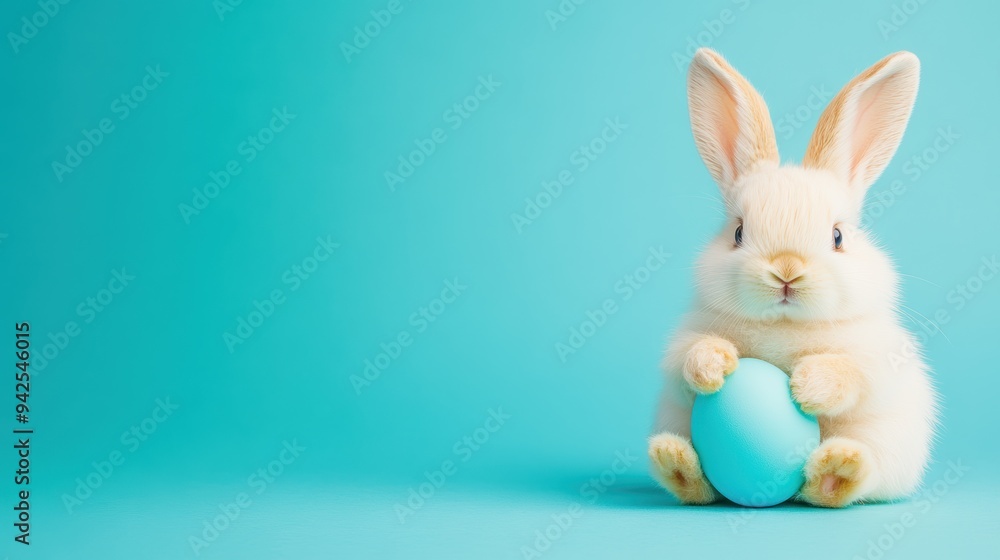 Obraz premium Bunny holding a pastel blue Easter egg on a light turquoise background. Adorable and serene spring scene.