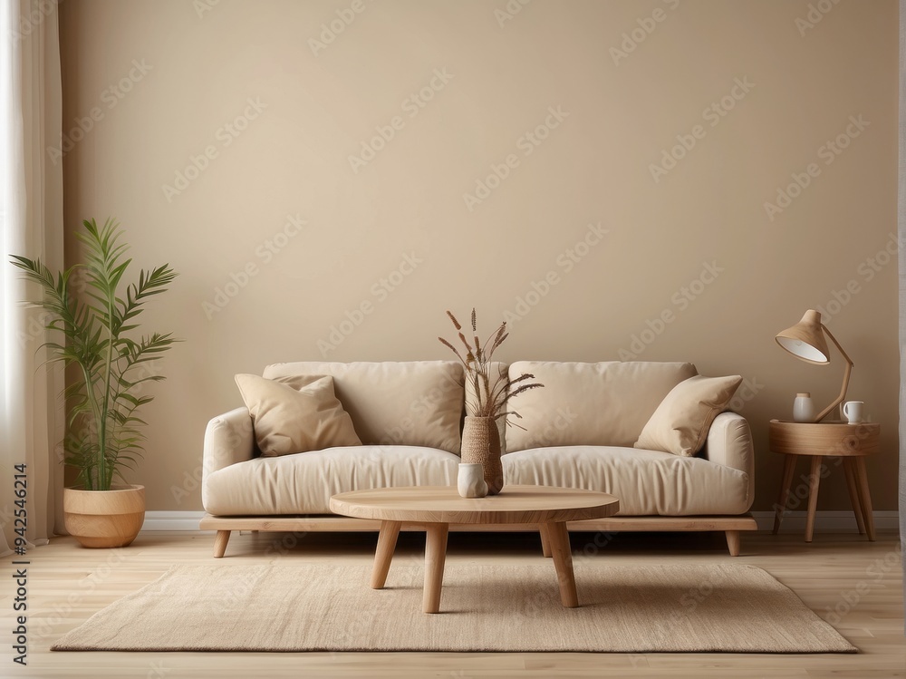 Minimalist Living Room Interior with Beige Sofa, Wooden Table, and Natural Elements Minimalist Living Room Interior with Beige Sofa, Wooden Table, and Natural Elements