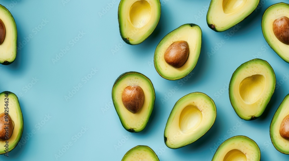 Avocado halves arranged on a vibrant blue background, modern and fresh. Ideal for health, food, and trendy lifestyle designs. Avocado halves arranged on a vibrant blue background, modern and fresh. Ideal for health, food, and trendy lifestyle designs.