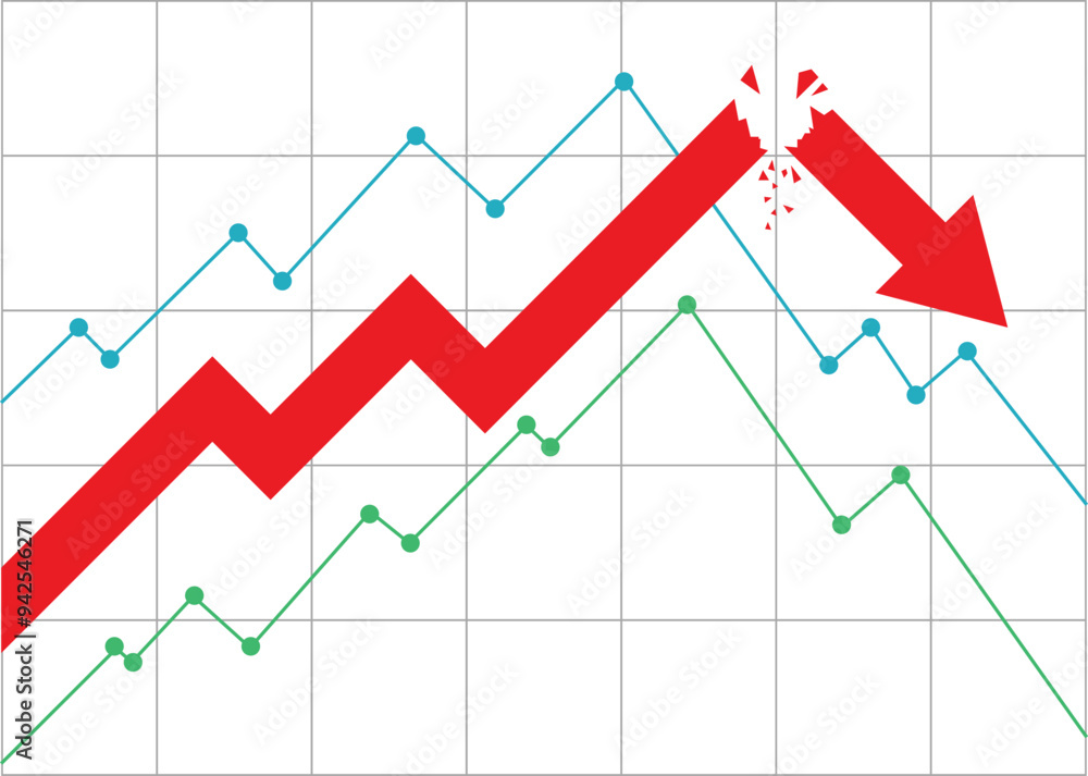 broken red arrow business graph going down with grid in background followed by two line graph represent loss broken red arrow business graph going down with grid in background followed by two line graph represent loss