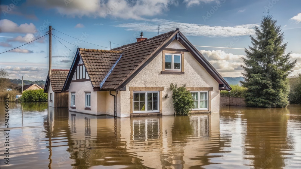 House partially submerged in flood waters , flooding, home insurance, disaster