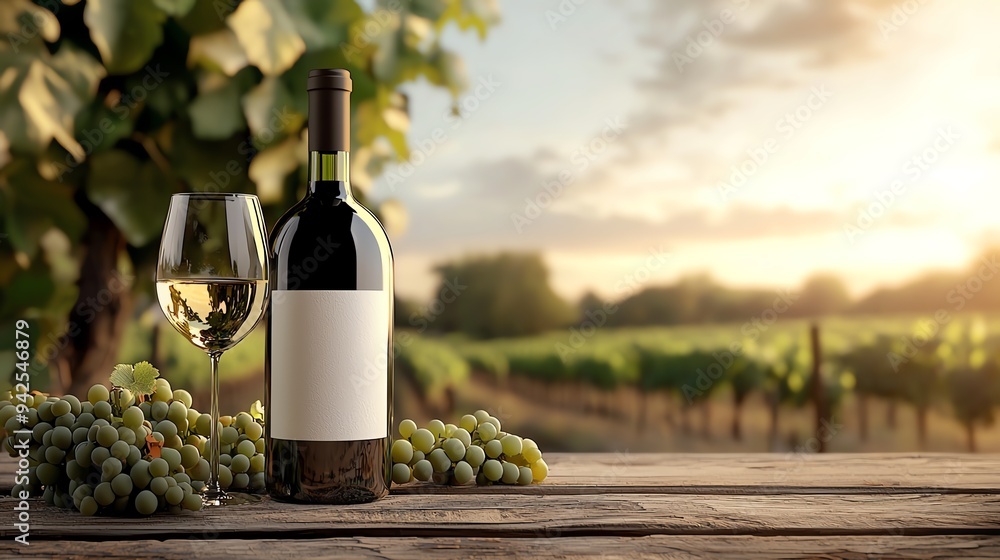 Fototapeta premium 21 Organic wine bottle, with vineyard background, 3D illustration