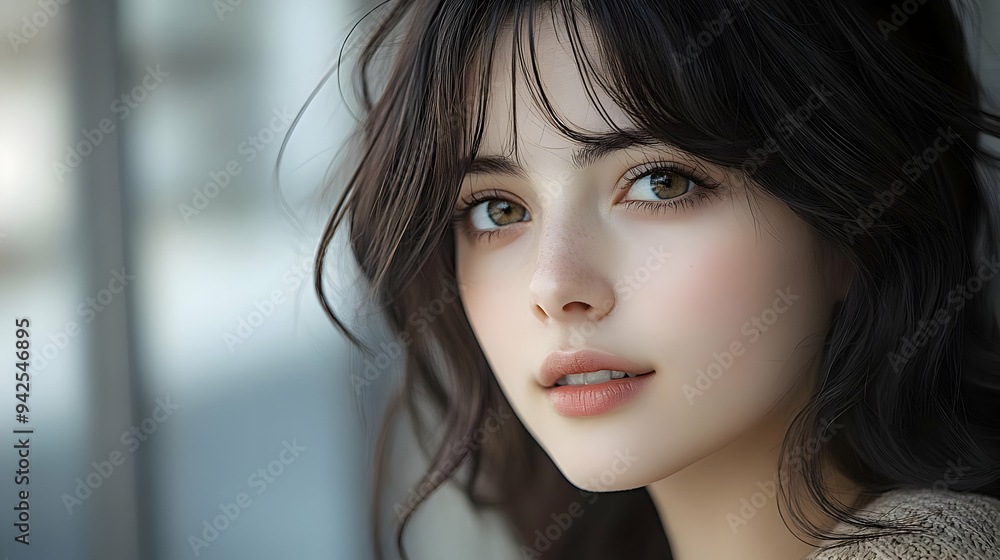 Close-up portrait of a young woman with long dark hair and brown eyes, looking at the camera with a soft expression. Close-up portrait of a young woman with long dark hair and brown eyes, looking at the camera with a soft expression.