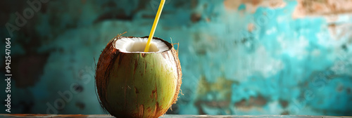 Coconut water served in a fresh coconut with a straw photo