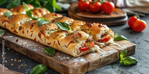 Side view of focaccia pizza stuffed with mozzarella fresh salad and juicy tomatoes photo