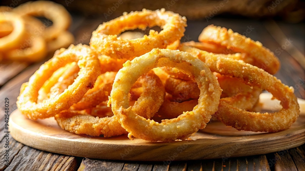 Close up of crispy golden fried onion rings, perfect appetizer or snack option for fast food lovers Close up of crispy golden fried onion rings, perfect appetizer or snack option for fast food lovers