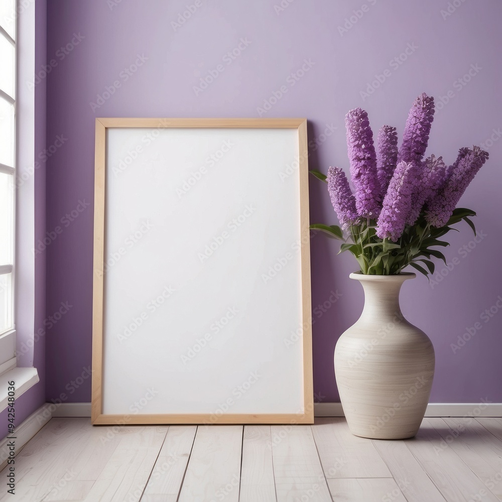 Empty Picture Frame and Purple Flowers in a Vase Against a Lavender Wall Empty Picture Frame and Purple Flowers in a Vase Against a Lavender Wall