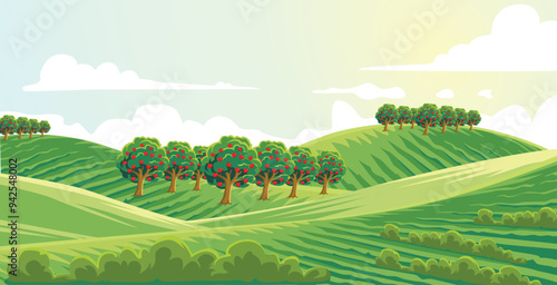 illustration of hilly scenery with apple plants in agricultural area