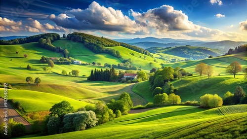 Idyllic countryside scene with lush green hills and a vibrant blue sky