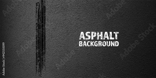 Black grunge tire tracks, wheel braking marks. Truck, car or motorcycle tread pattern silhouettes. Auto race, motorsport, speed racing design element. Asphalt texture. Vector illustration
