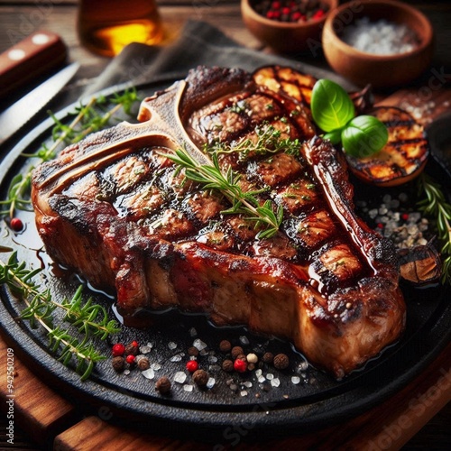 T-bone steak closeup grilled and cooked with herbs very delicious