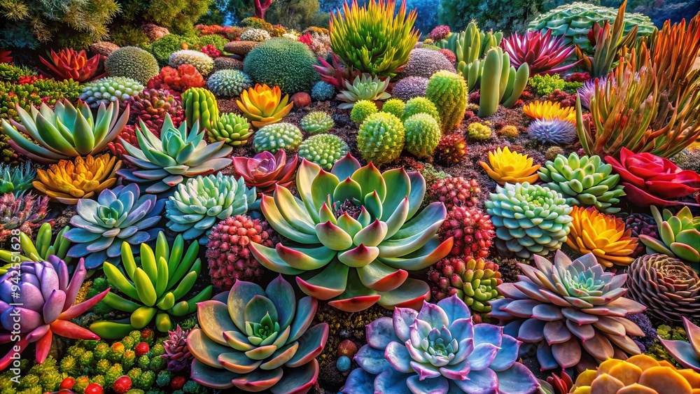 Obraz premium A vibrant succulent garden paradise bursting with a colorful symphony of textures and plants