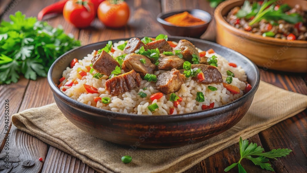 Delicious rice with meat dish garnished with fresh herbs, food, tasty, gourmet, delicious, meal, plate, cuisine, traditional Delicious rice with meat dish garnished with fresh herbs, food, tasty, gourmet, delicious, meal, plate, cuisine, traditional